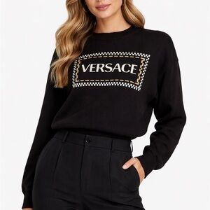 Gianni Versace Black Sweater with Gold and White Logo Plaque